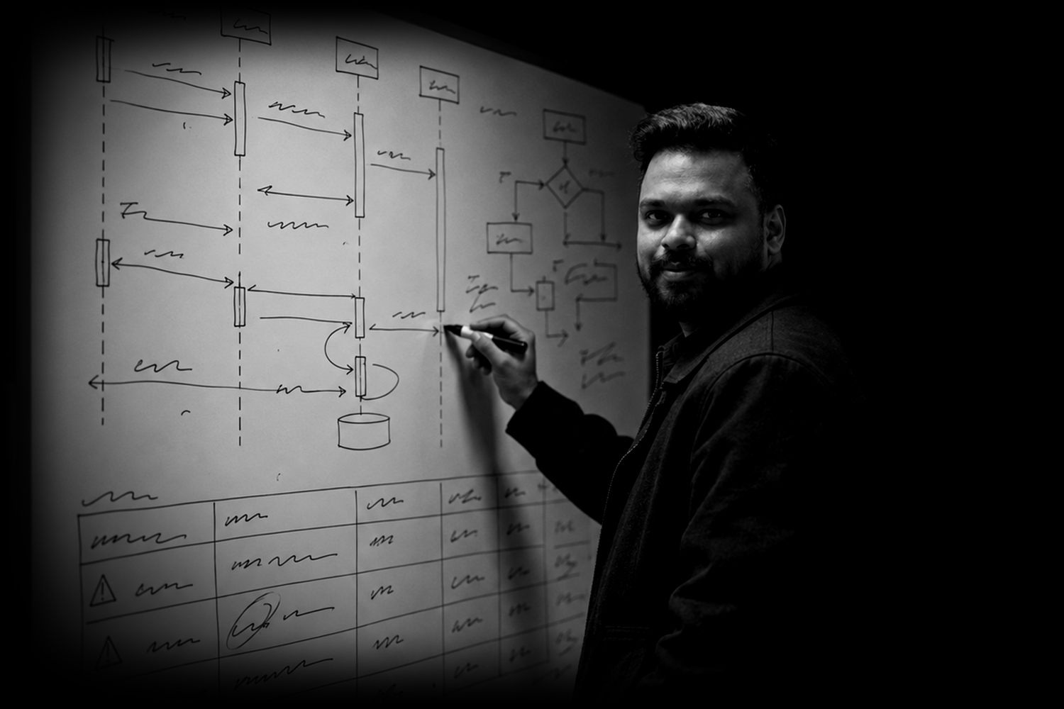 Adharna sketching a sequence diagram and a failure-mode table on a whiteboard