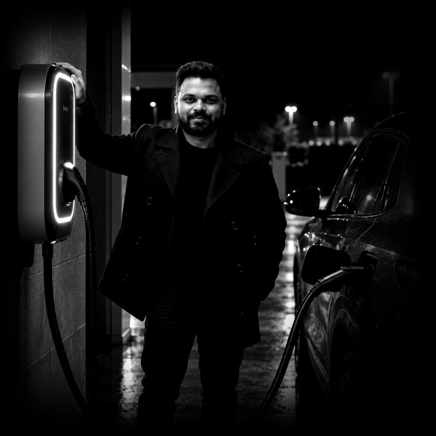 Adharna next to a wall-mounted EV charger plugged into a car