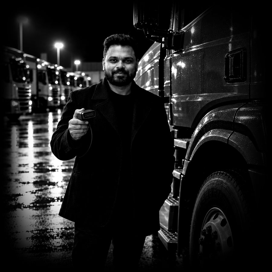 Adharna beside a truck in a fleet depot at night, holding a telematics device